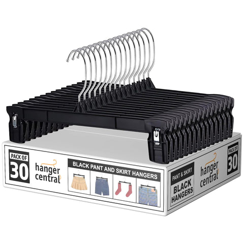 Hanger Central 30 Pack Space Saving Heavy Duty Slim Plastic Trouser Hangers Ribbed Non-Slip with Clamp Clips 360 Swivel Chrome Swivel Hook 10/12/14