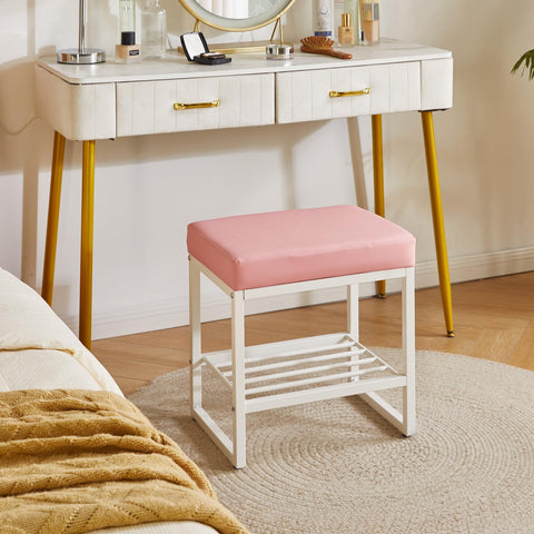Aibiju Pink Dressing Table Chair, Footrest Stool with Adjustable Feet, PU Seat Vanity Stool