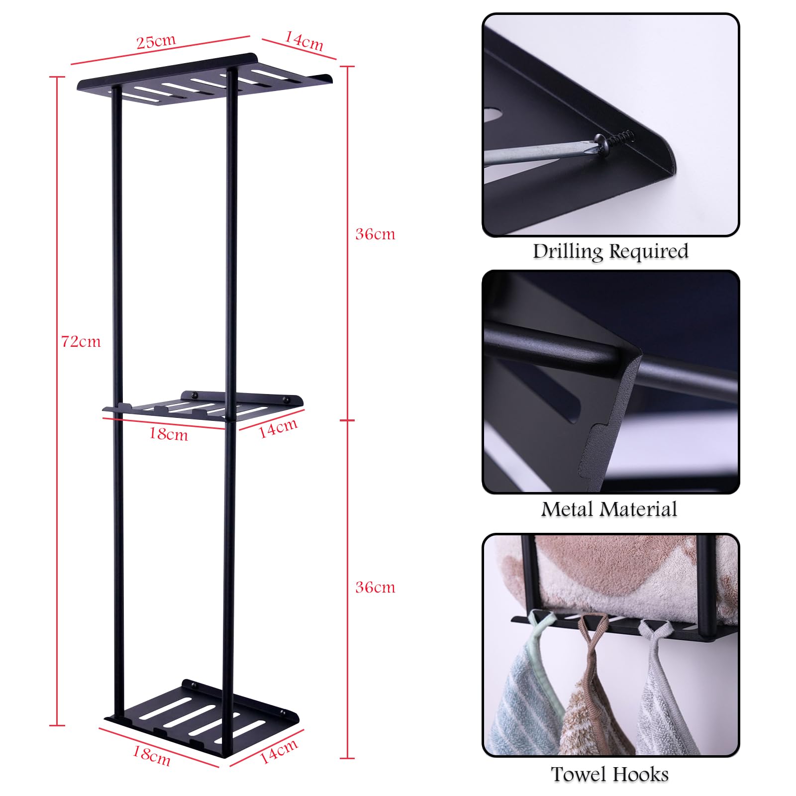 Towel Rack Wall Mounted, 3-Tier Bathroom Towel Shelf Wall Mounted With Hooks, 72cm Space-Saving Black Towels Holder Metal Bathroom Organizer For