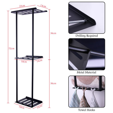 Towel Rack Wall Mounted, 3-Tier Bathroom Towel Shelf Wall Mounted With Hooks, 72cm Space-Saving Black Towels Holder Metal Bathroom Organizer For