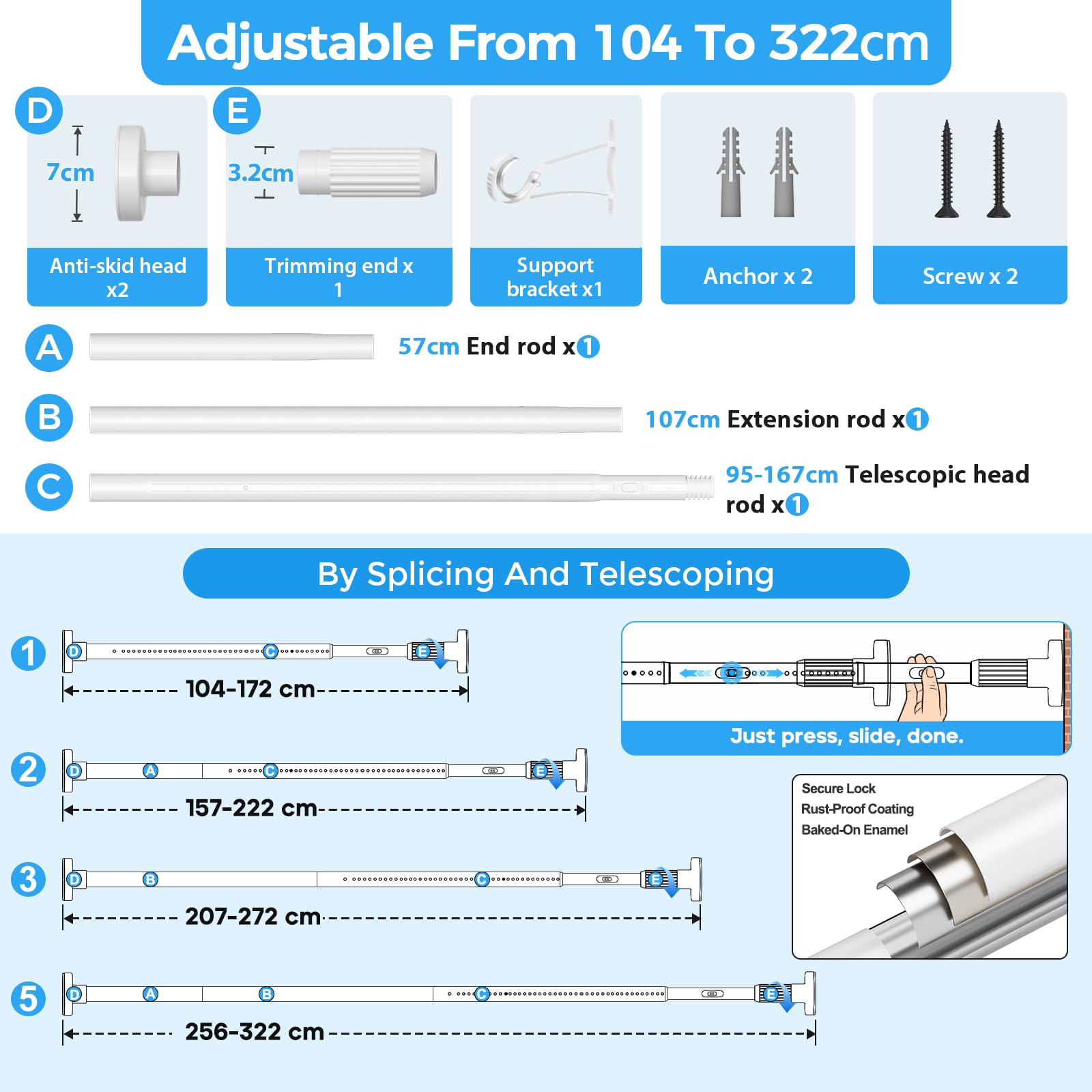 AIZESI White Shower Curtain Pole 104-322Cm, Extendable Curtain Poles Extra Long Tension Rod, Shower Curtain Rail Room Divider Curtain Rod