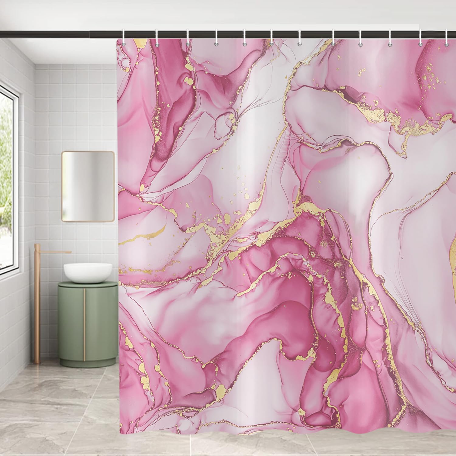 ASDCXZ Pink Marble Shower Curtain 180x200 cm, Modern Abstract Art Pink Gold Marble Optics Texture Waterproof Bath Curtain Polyester Textile Washable