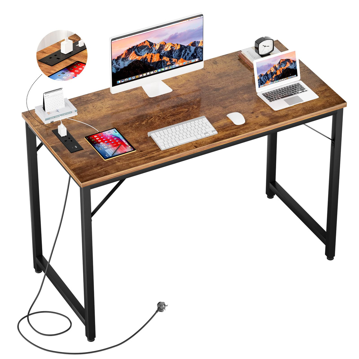 iSunirm 32 inch Computer Desk with Power Outlets, Rustic Brown Small Desk for Small Spaces, Compact Home Office Desk