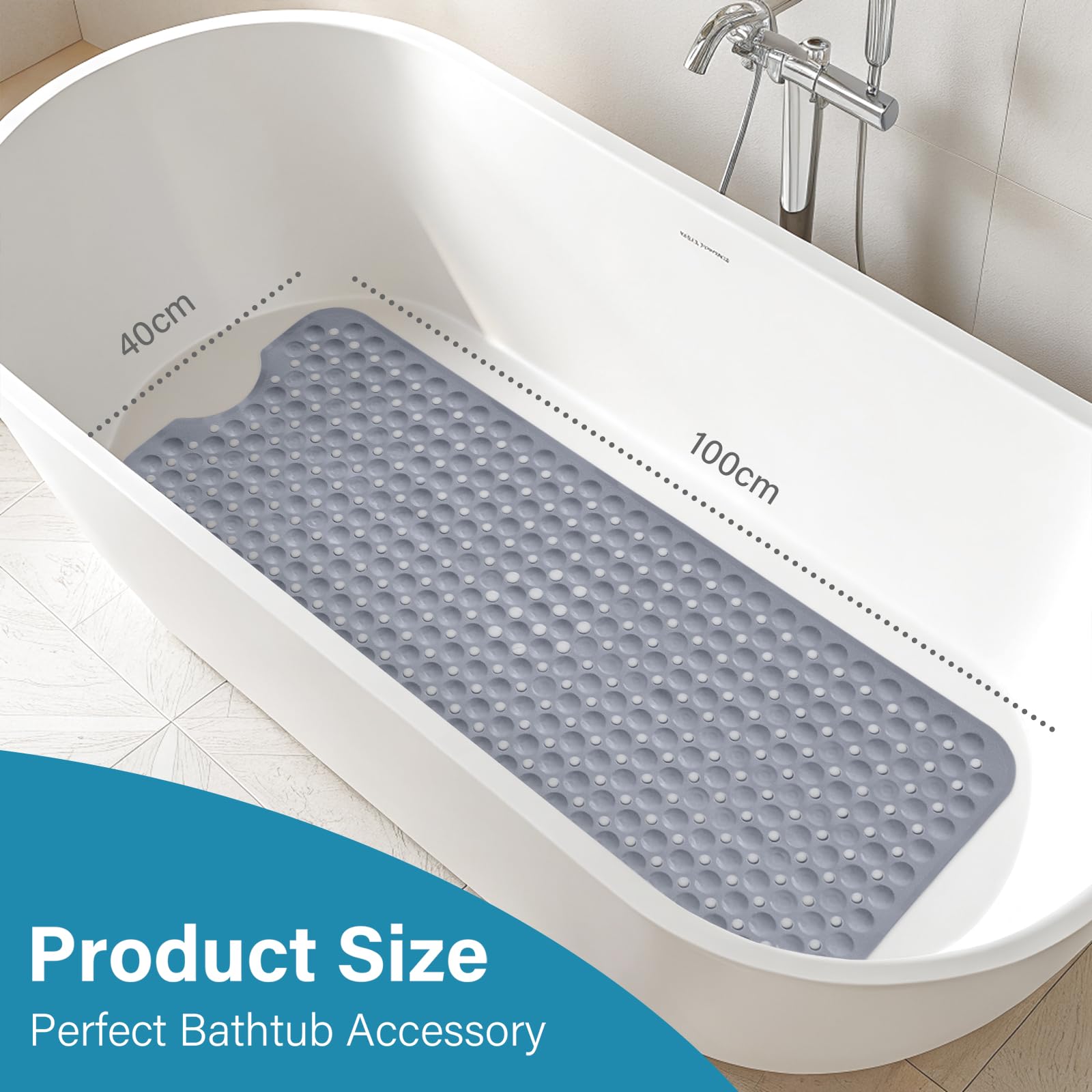 Smiry Non Slip Bath Mat with 300 Strong Suction Cups, 100x40cm