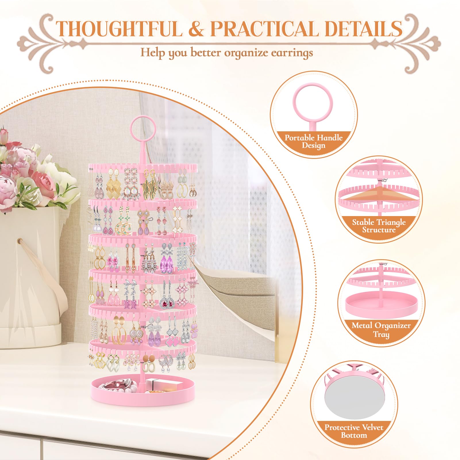 iDavosic.ly 6 Tier Rotating Earring Holder Organizer with Metal Tray, Pink
