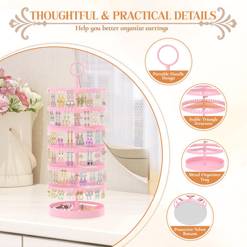 iDavosic.ly 6 Tier Rotating Earring Holder Organizer with Metal Tray, Pink