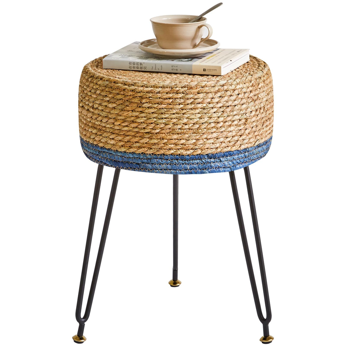 YMYNY Footstool Natural Seagrass Hand Weave, Vanity Makeup Stool, Pastoral Style Footrest, Padded Foot Rest with Metal Legs, Foot Rest Sofa Stool