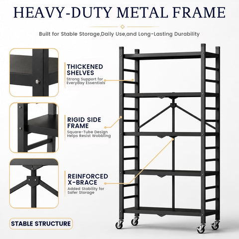 WUDLEP 5-Tier Heavy Duty Storage Shelves with Wheels, 156cm Hx71cm Wx34cm D