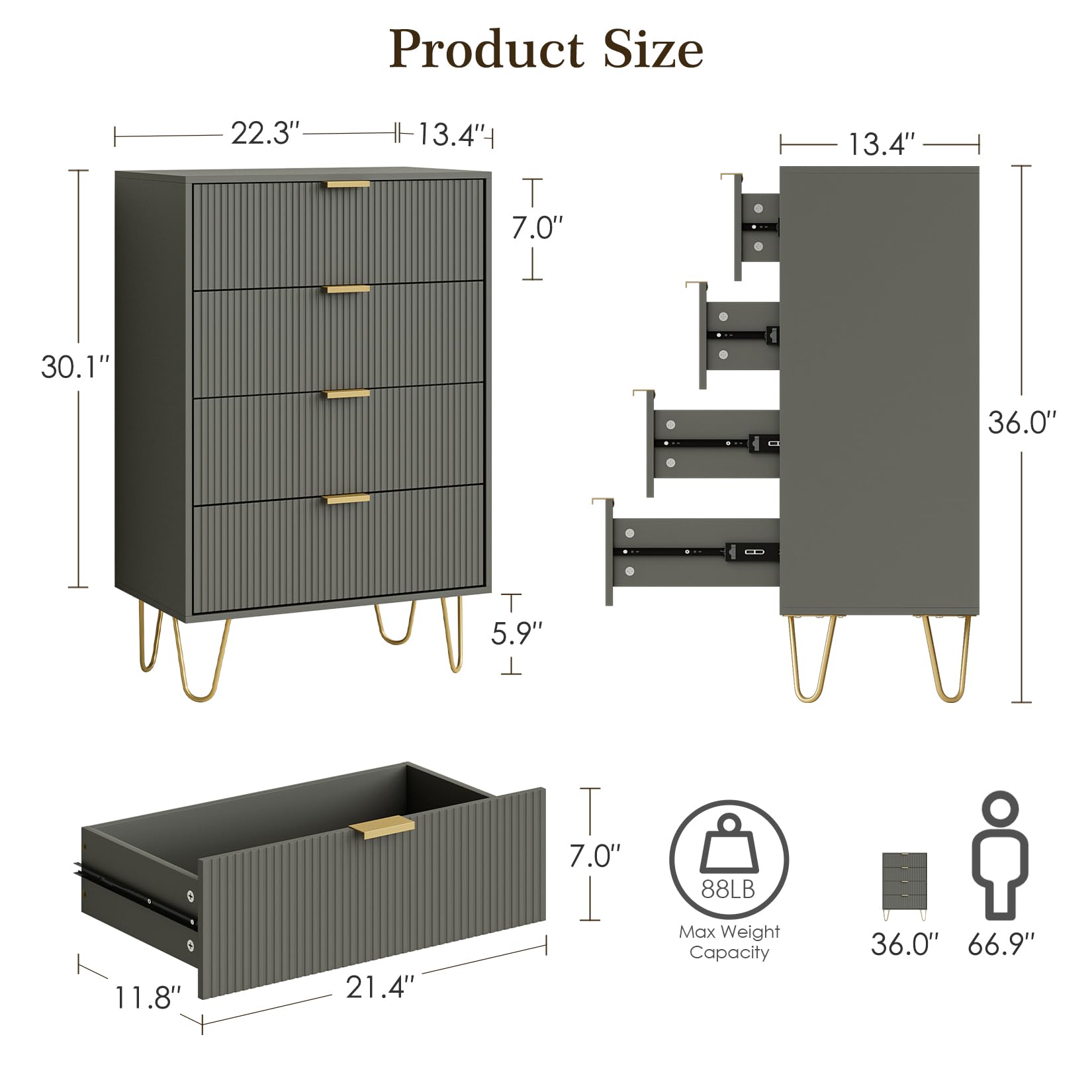 HEYZOEY Grey Chest of 4 Drawers for Bedroom, 60x34x91cm, Wood Storage Dresser Bedroom Furniture Cabinet for Living Room,Office,Lounge,Grey