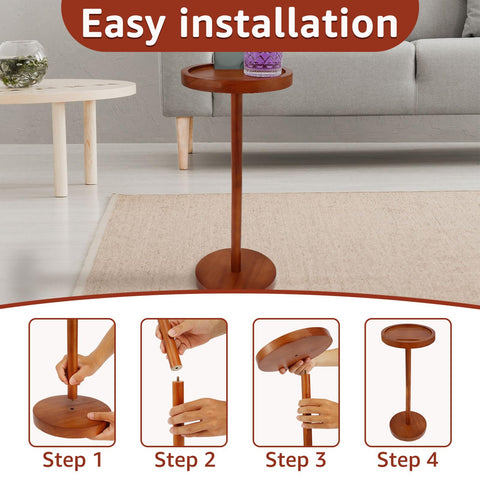 Solid Wood Pedestal Side Table, Small Round Coffee Table with Phone Holder & Weighted Base,21.65 Inch Enduring End Table Snack Desk for Small Spaces