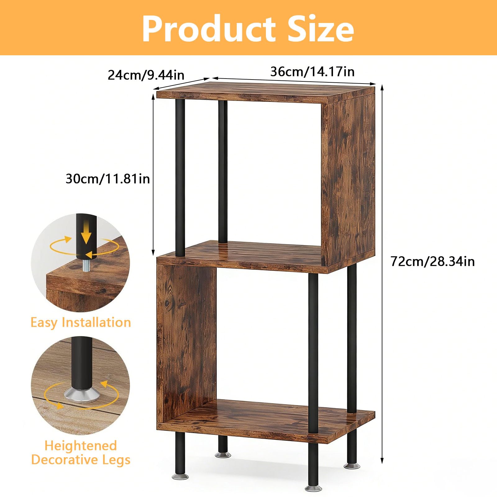 Caossuixin 3-Tier Wooden Side Table,S-Shaped Sofa Side Table,36 * 24 * 72cm