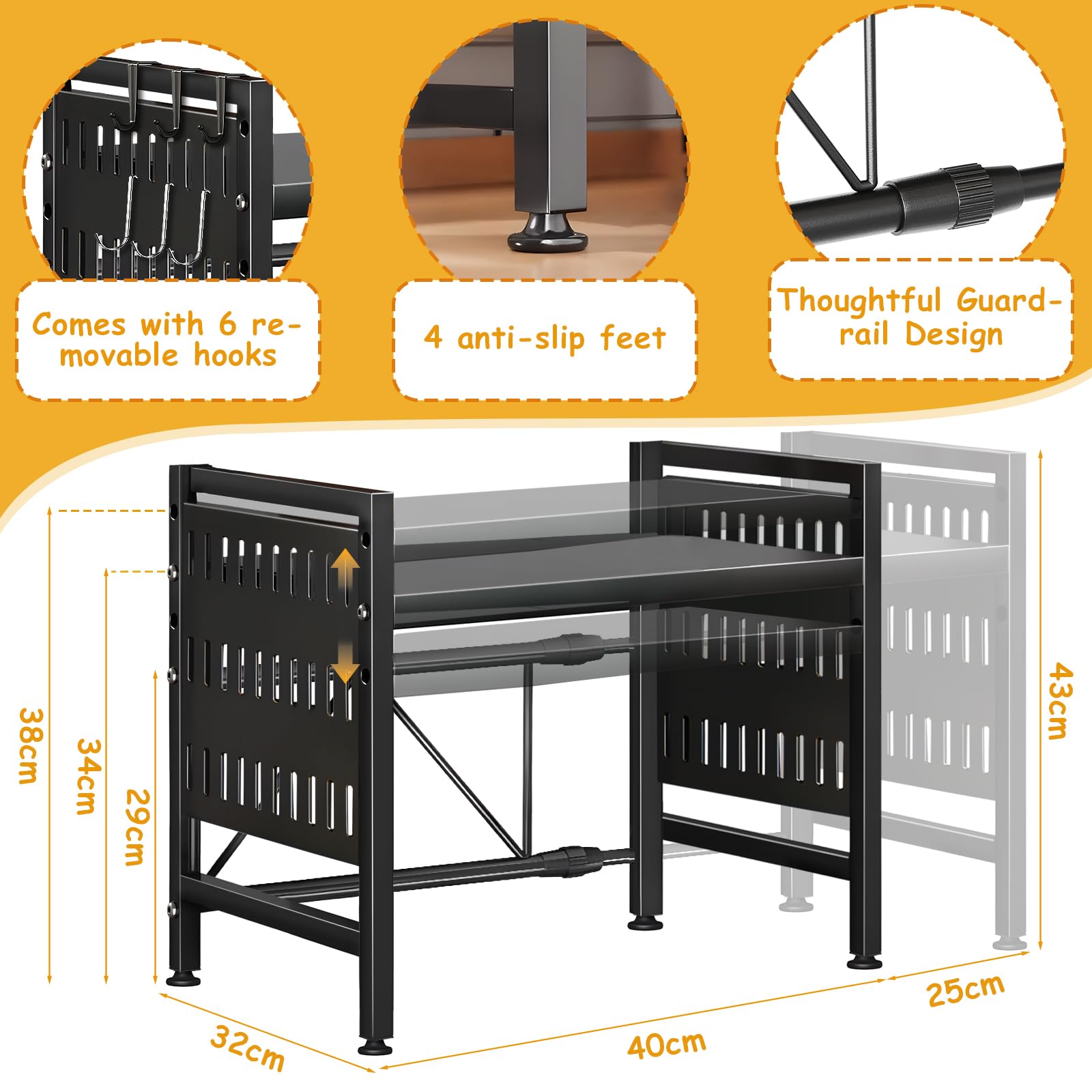 2-Tier Expandable Microwave Shelf, Adjustable Microwave Shelf with Knife Holder, 6 Hooks, Microwave Holder Made of Carbon Steel, Flexible