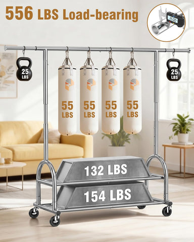 EAGMAK Heavy Duty Clothes Rail Load 252 KG, Rolling clothing Rail with Sturdy Wheels and 2 Shelves, Height Adjustable Metal Coat Racks