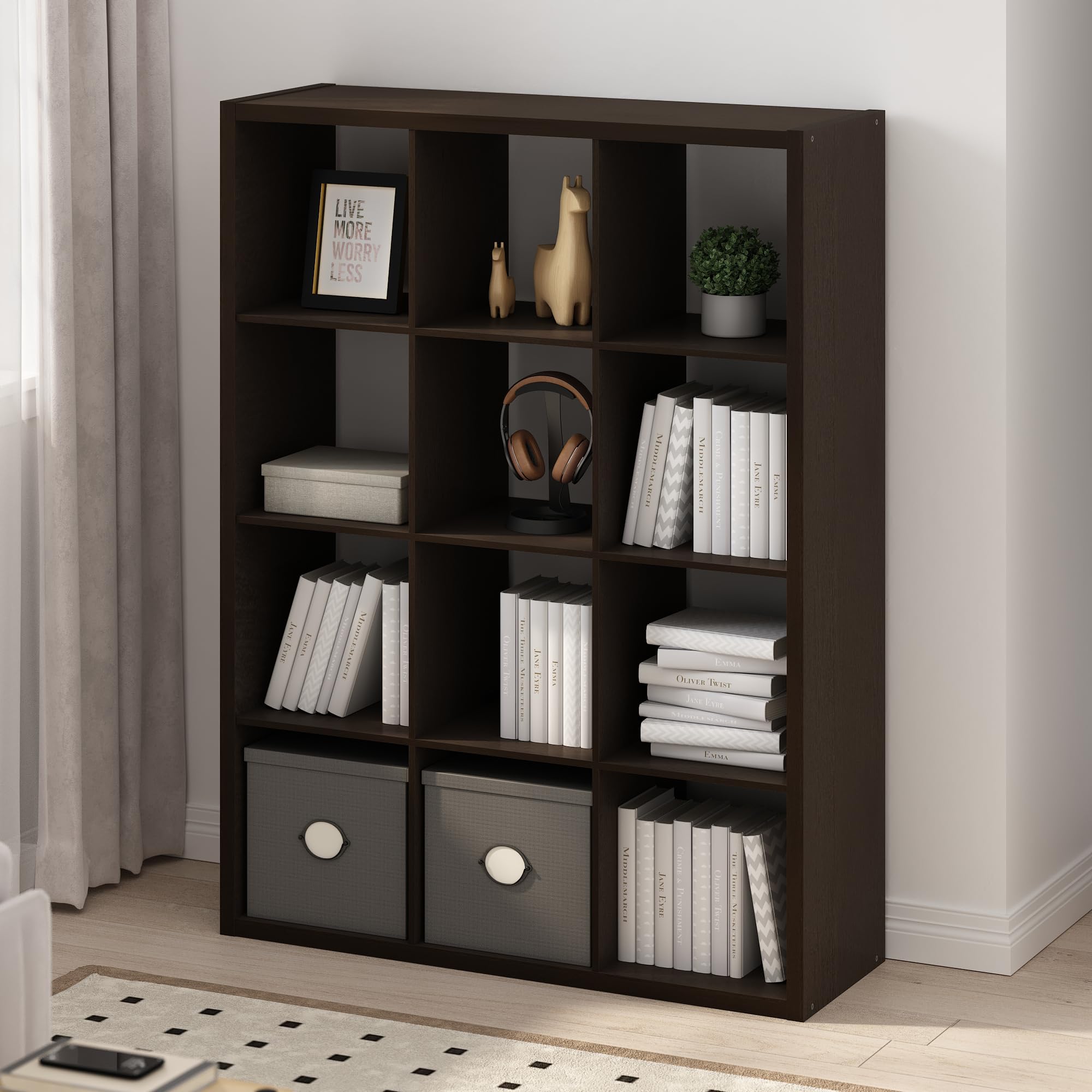 Furinno SIMPLE Cube Storage Organizer, 12-Cube Display Shelf, Open Back Shelving Unit, Storage Shelves, Extra Thick Frame