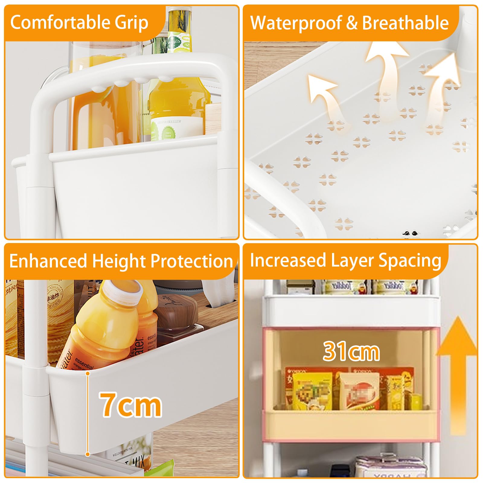 YiZhou 3-Tier Storage Trolley on Wheels with Handle, Metal & Plastic Kitchen Utility Cart, Slim Rolling Mobile Shelving Organizer for Bathroom