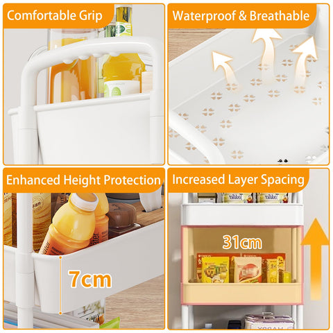 YiZhou 3-Tier Storage Trolley on Wheels with Handle, Metal & Plastic Kitchen Utility Cart, Slim Rolling Mobile Shelving Organizer for Bathroom