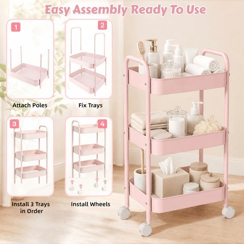 Siocok 3 Tier Metal Storage Trolley on Wheels, Storage Cart, Rolling Utility Cart, Easy Assembly for Home Kitchen, Bathroom Laundry and Office (Pink)