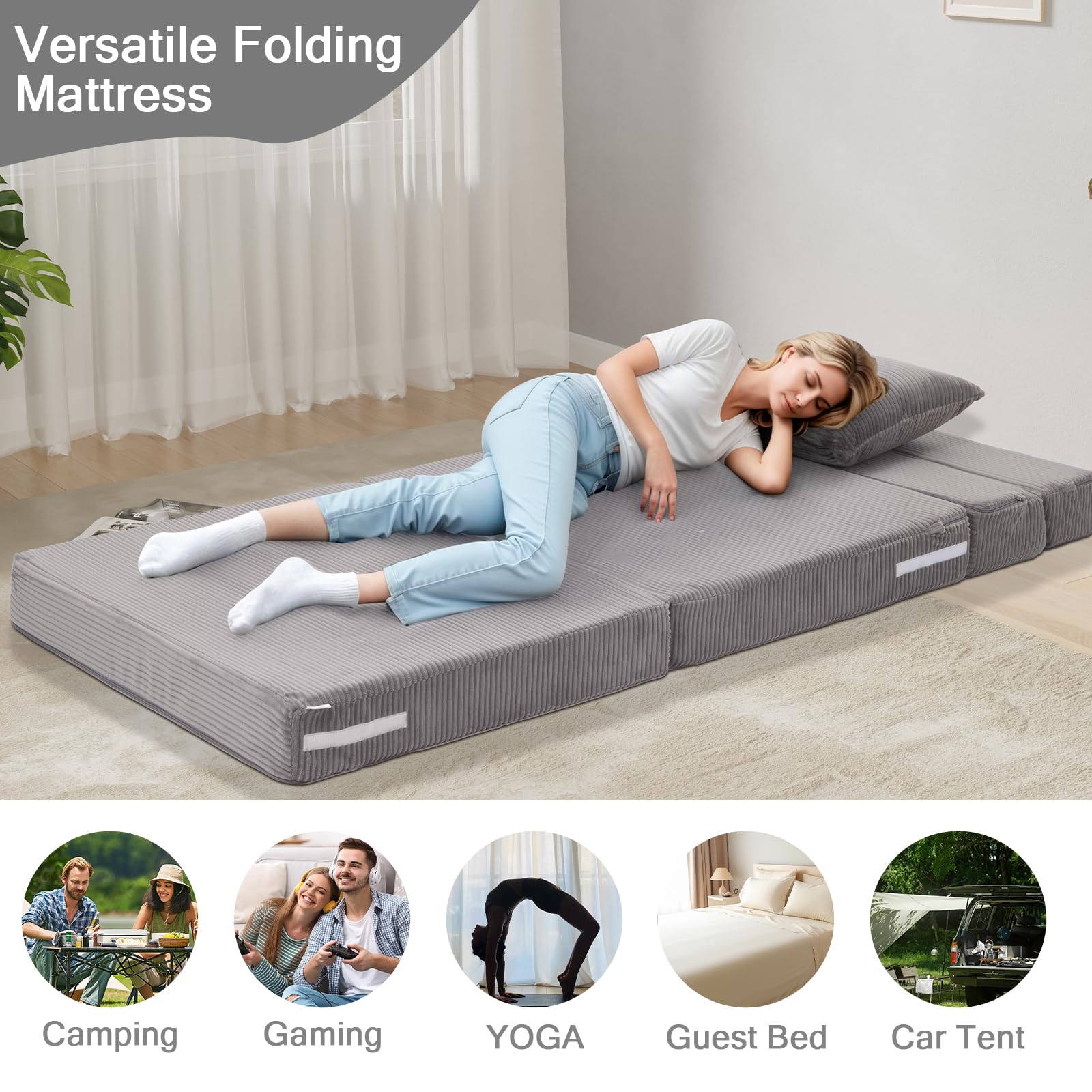 MeMoreCool Folding Mattress Single, Corduroy Fold Out Sofa Bed, Grey