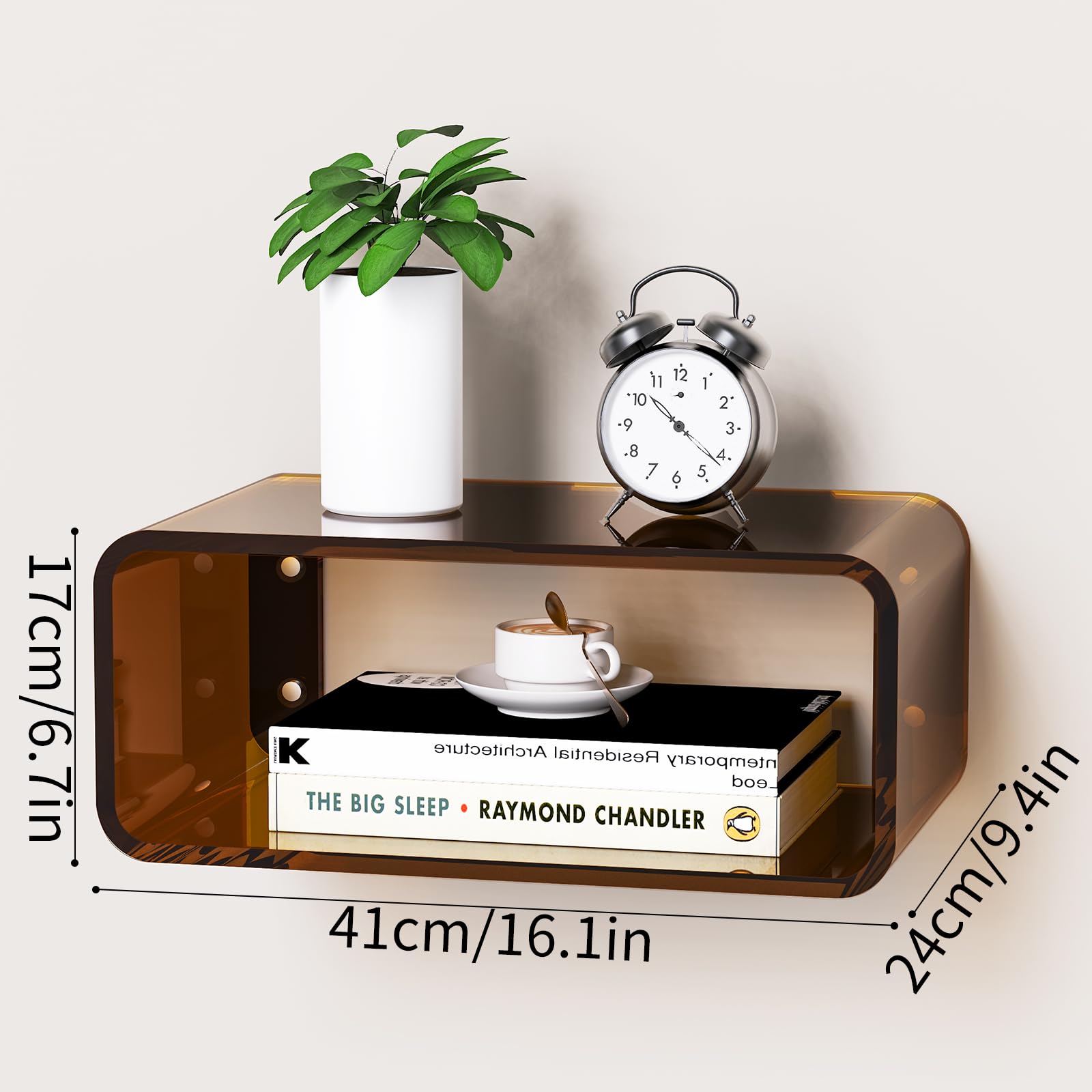 Dewrhiixe Acrylic Floating Bedside Table, Wall Mounted Nightstand Bedside Shelf (Dark Brown, 41×24×17 cm)
