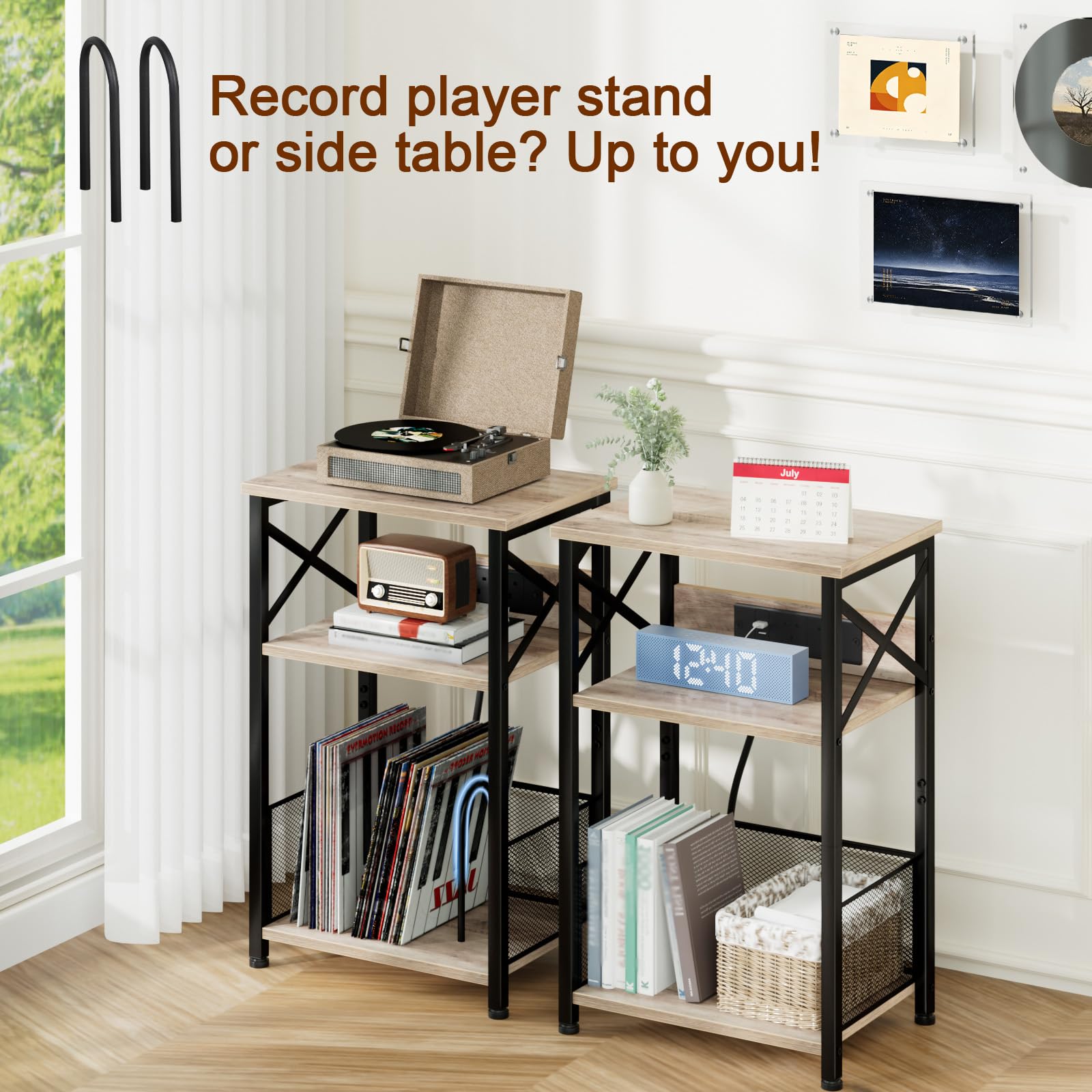 AMHANCIBLE Record Player Stand with Charging Station, Vinyl Record Storage
