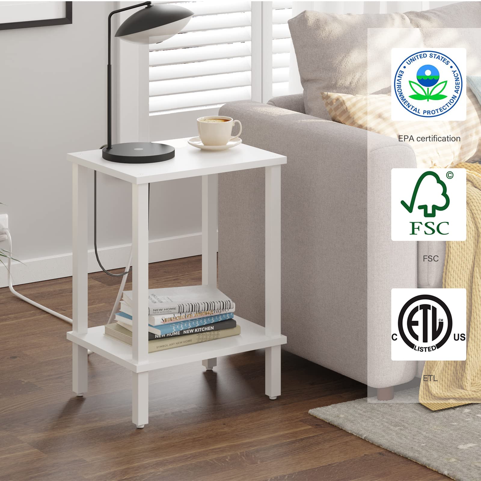 TUTOTAK Side Table, Set of 2, Bedside Table, Night stand, 2-Tier Storage Shelf, End Table for Small Space, Living Room, Bed Room, White V1TB01BW035EU