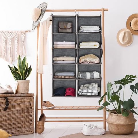 DPWEION Hanging Storage Shelves with 5 Shelves Foldable Hanging Wardrobe Closet Organiser Unit with 2 Side Pockets for Clothes Accessories for