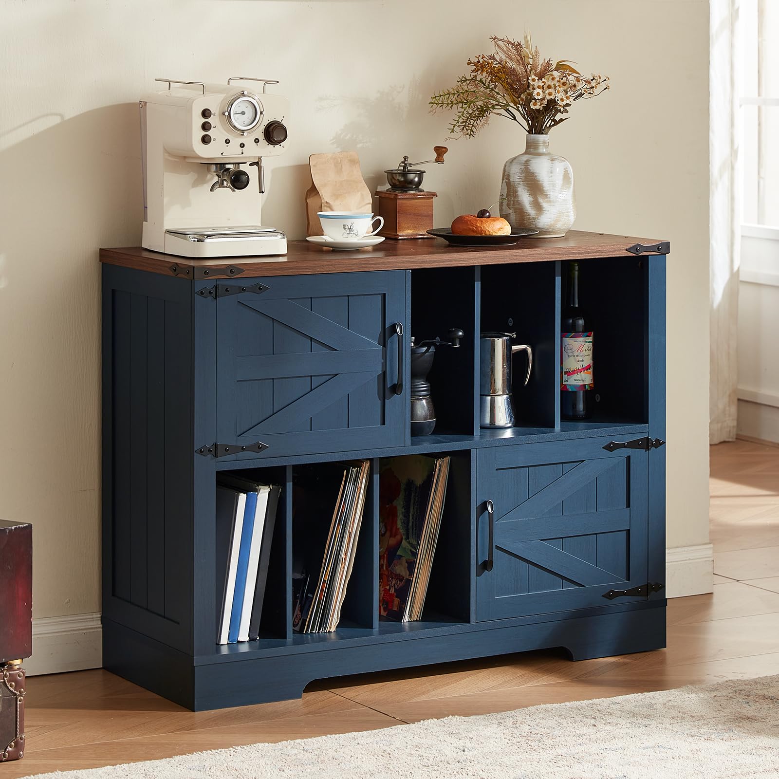 LELELINKY Record Player Stand with Storage, 1m Farmhouse Vinyl Cabinet