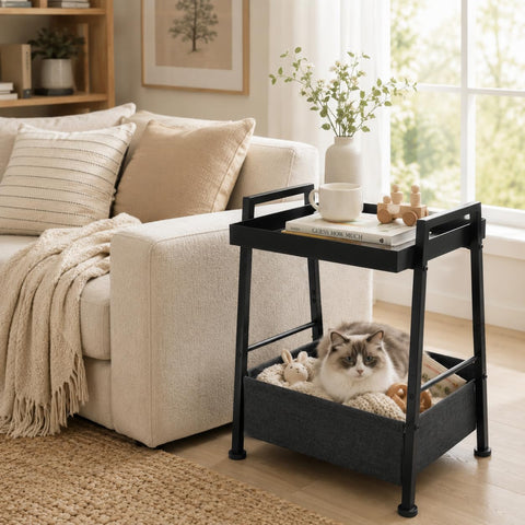 ZEXVIDA Small End Table with Fabric Storage Basket, 2-Tier Metal Side Table with Tray Top, Compact Nightstand Bedside Table for Living Room