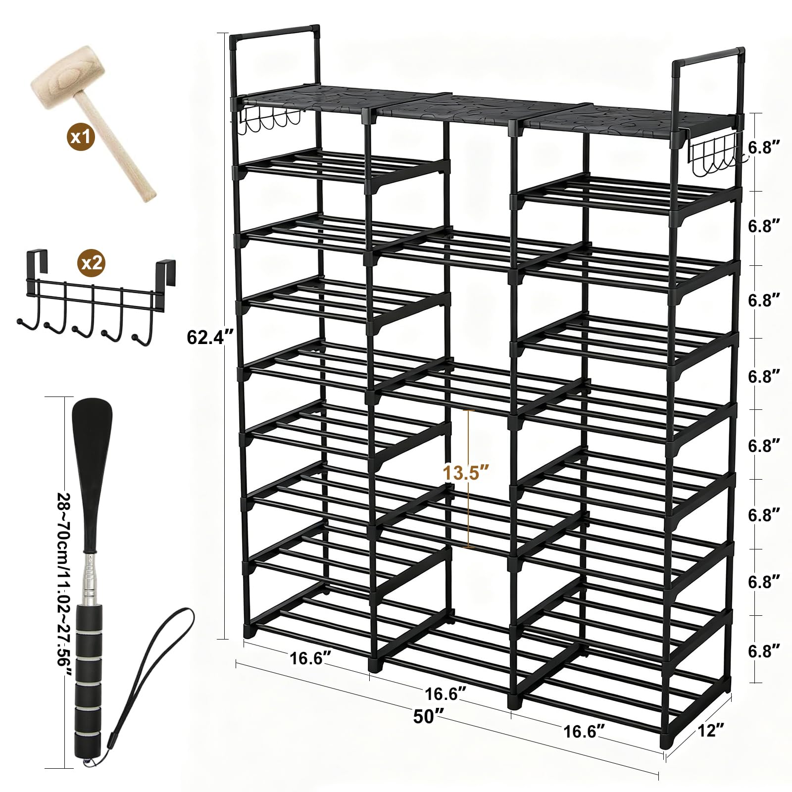9-Tier Shoe Rack with Telescopic Shoe Horn – Large Capacity Metal Shoe Storage for 50+ Pairs