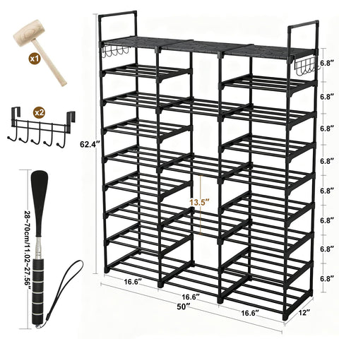 9-Tier Shoe Rack with Telescopic Shoe Horn – Large Capacity Metal Shoe Storage for 50+ Pairs