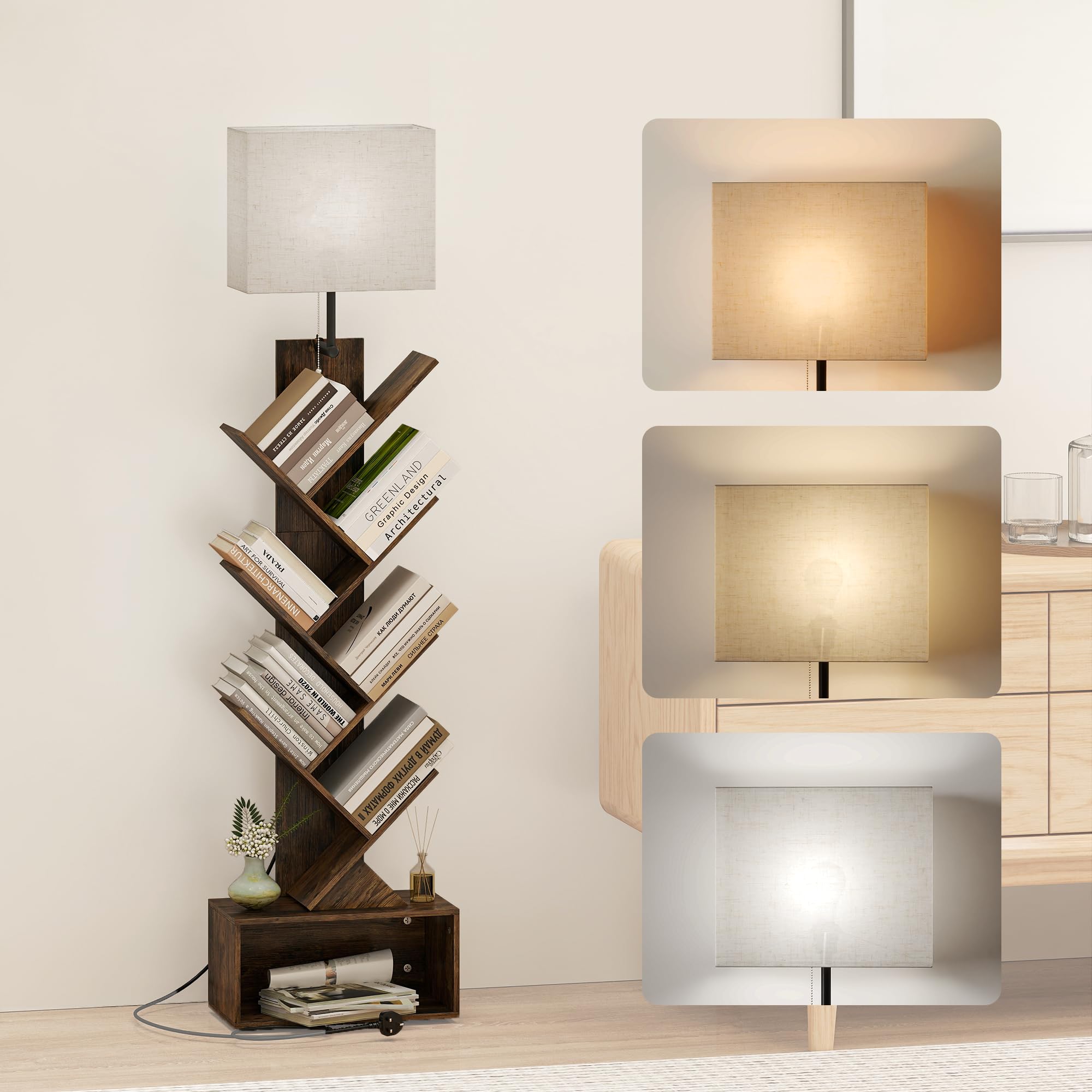 Quikraen 6-Tier Tree Bookshelf with LED Light, Rustic Brown
