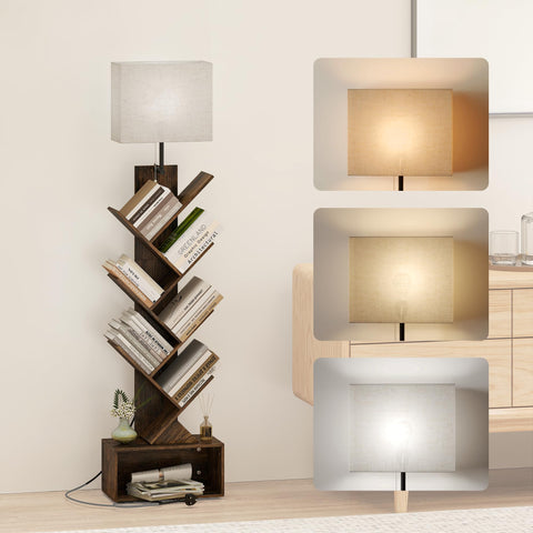 Quikraen 6-Tier Tree Bookshelf with LED Light, Rustic Brown