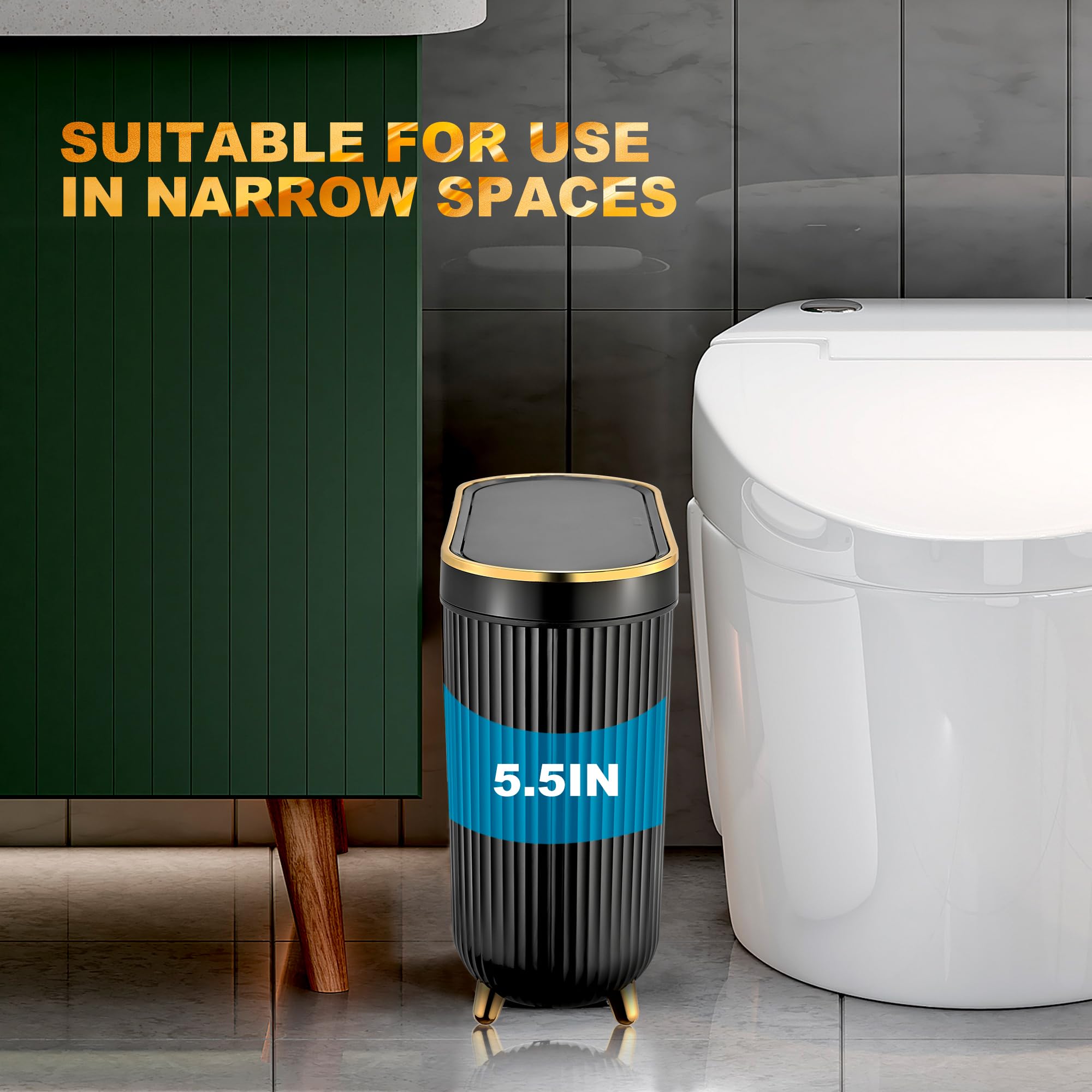 SULIFEEL Bathroom Trash Can with Lid, 3.2 Gallon/12L Black