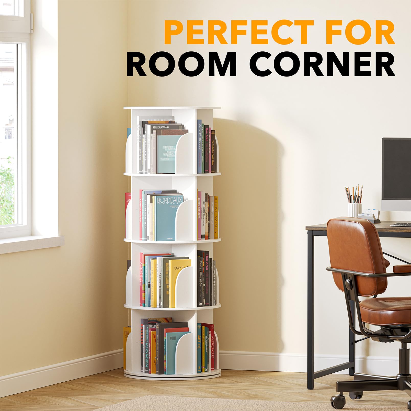 SpaceAid 4-Tier Rotating Bookshelf Tower, Spinning Lazy Susan, 360° Revolving Bookshelf Storage, Round Carousel