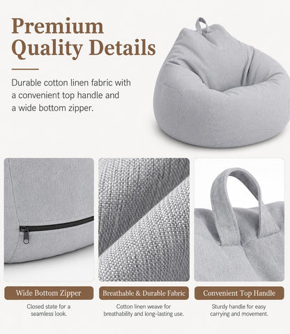 Highdi Kids Bean Bag Without Fillings - Cotton Linen Durable & Comfortable, Light Grey Storage Bean Bag Chair for Living Room/Gaming Room