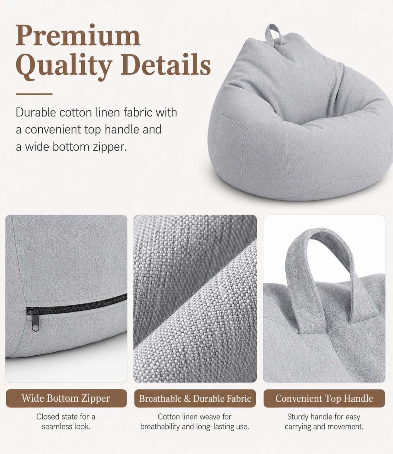 Highdi Bean Bag Without Fillings - Cotton Linen Durable & Comfortable, Light Grey Storage Bean Bag Chair for Living Room/Gaming Room