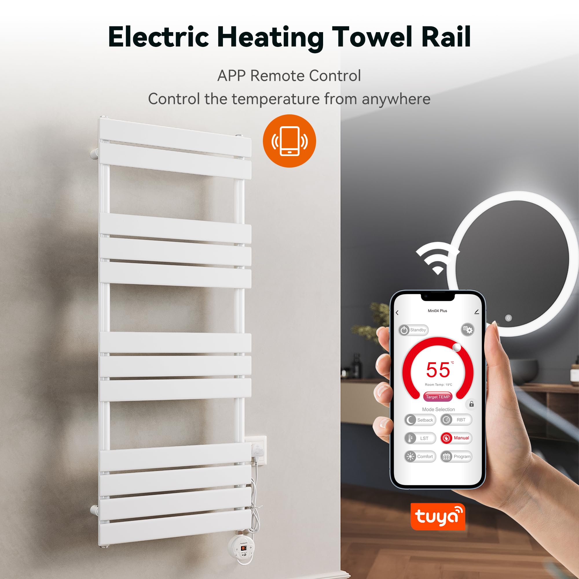 ELEGANT 600W 1250 x 500mm White Electric WiFi-Controlled Heated Towel Rail
