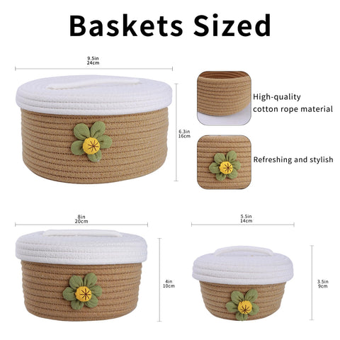 A Set of Three Large Covered Storage Baskets, Handmade Woven Fresh Style Desktop Decoration, Organizing Household Miscellaneous Items