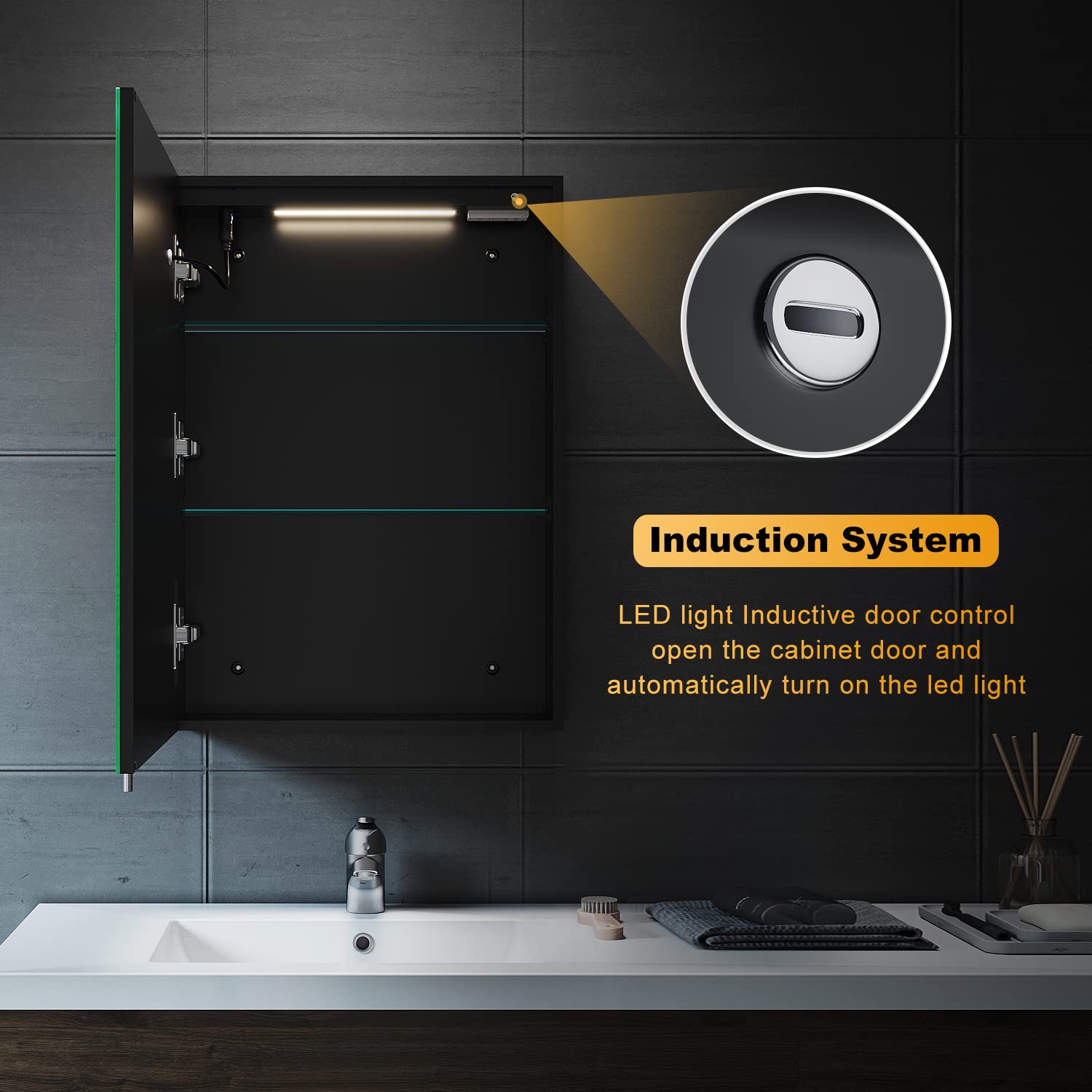 ELEGANT Bathroom Mirror Cabinet with Shaver Socket and Led Lights, Black Single Door Mirrored Bathroom Wall Cabinets with Demister Pad Dimmer Switch