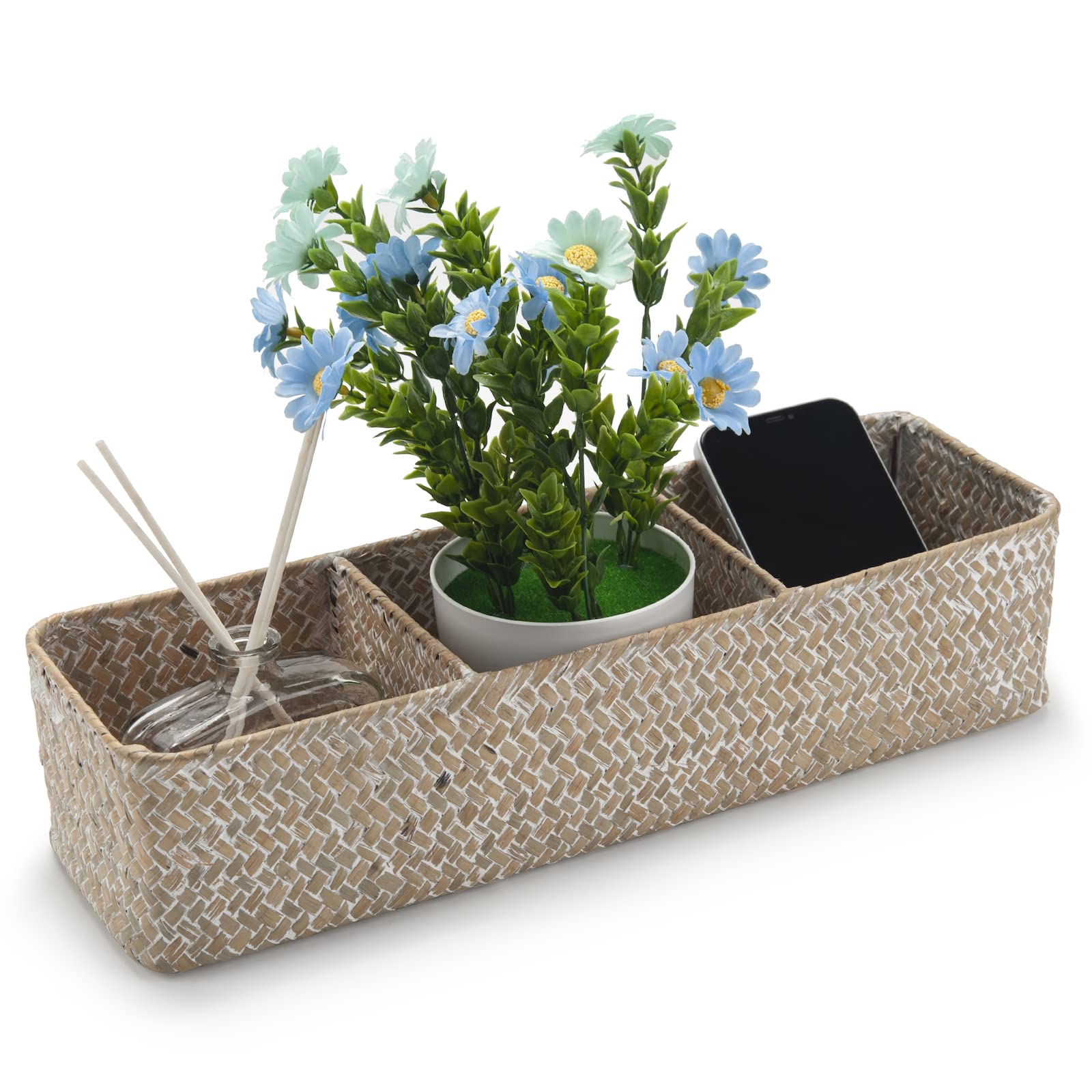 Seagrass Storage Basket with 3 Sections Woven Shelf Baskets for Organizing (Whitewash, 37cm x 12cm x 8cm)