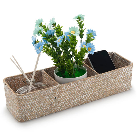 Seagrass Storage Basket with 3 Sections Woven Shelf Baskets for Organizing (Whitewash, 37cm x 12cm x 8cm)