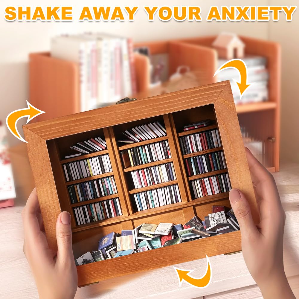 SGZIOO Anxiety Bookshelf Shake Away Your Anxiety, Mini Bookshelf and 300 Pcs Mini Books, Wooden Miniature Library, for Stress & Anxiety Relief