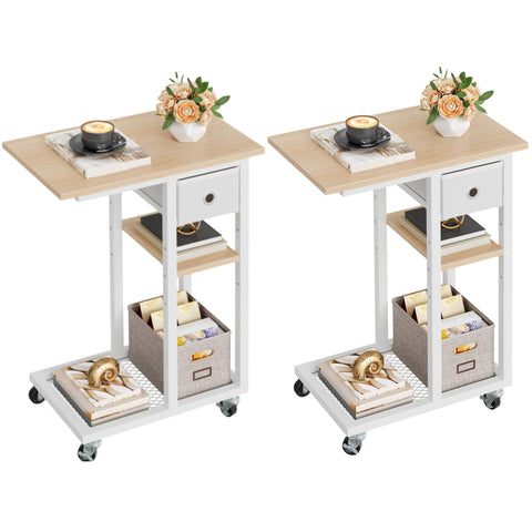 YITAHOME 2PCS C-Shaped Slim Sofa End Table with Fabric Drawer, Oak