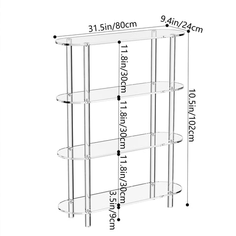 Clear Acrylic Bookshelf Bookcase, Narrow Oval, 4 Tier, 80 x 24 x 102 cm