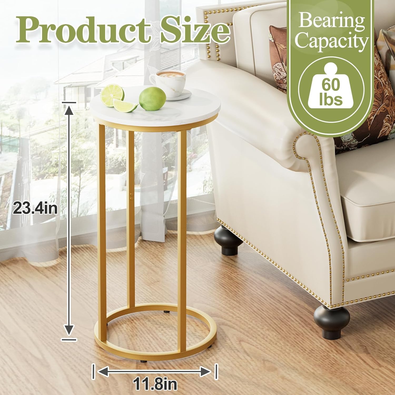 C Shaped End Table, Round Side Table, SofaTable, CoffeeTable Under Sofa, Small Couch Snack Tables, Bedside Tables with Metal Frame for Living Room