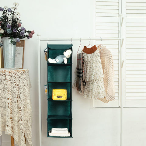 BrilliantJo Hanging Wardrobe Closet Organiser Storage with 5 Shelves, Storage hanging Shelves Unit with 6 Pockets for Clothes