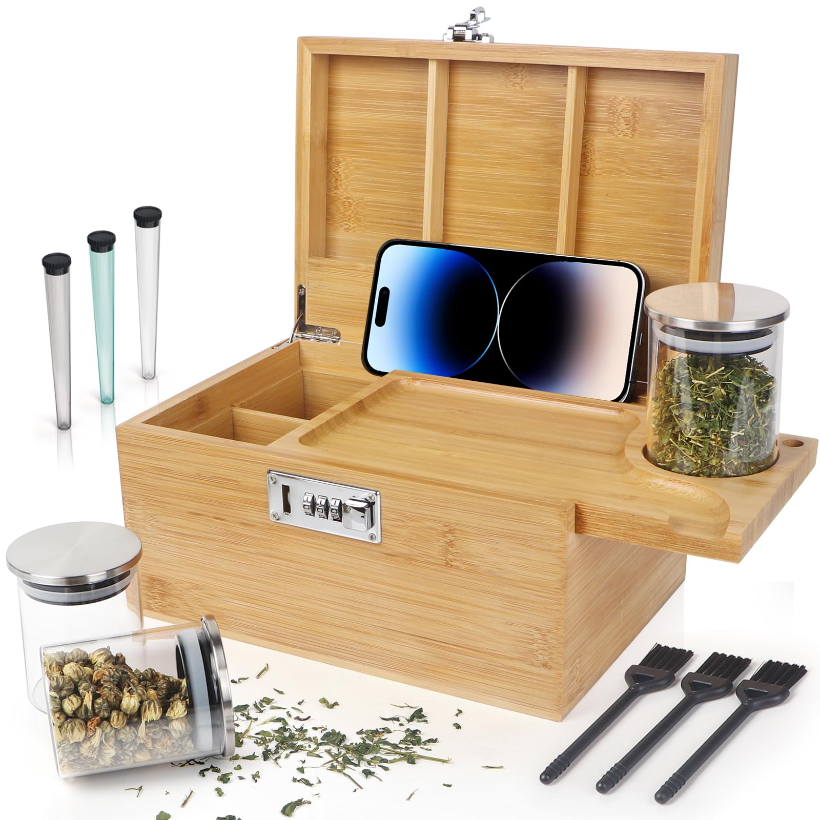 TISEMENT Large Bamboo Box with Combination Lock, Decorative Storage Box with Detachable Compartment