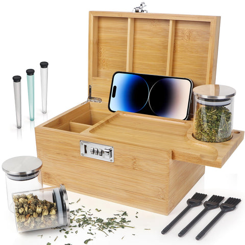 TISEMENT Large Bamboo Box with Combination Lock, Decorative Storage Box with Detachable Compartment