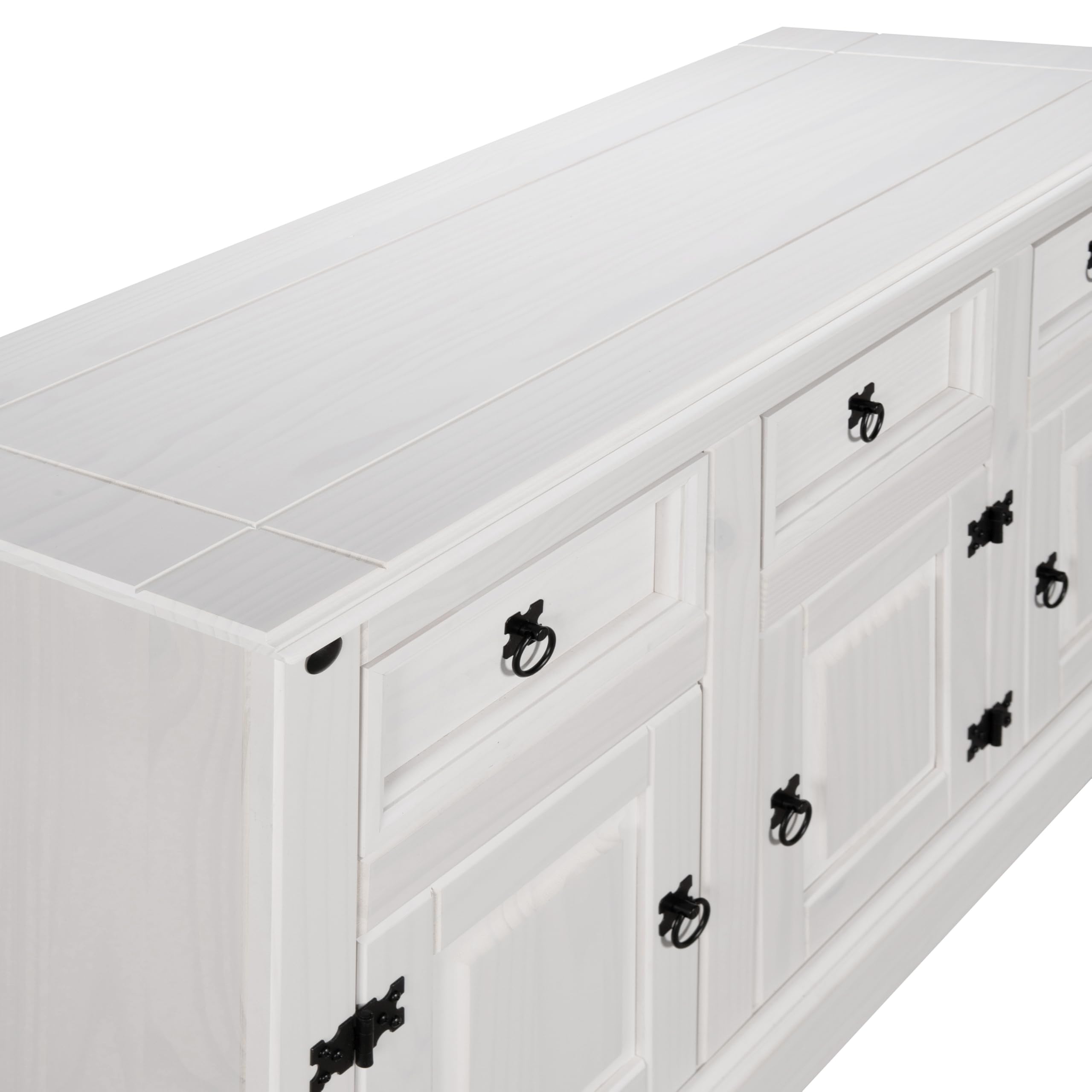 Corona Sideboard 3 Door 3 Drawer Country House All White Solid Mexican Pine Wood W 125cm x D 40cm x H 76cm