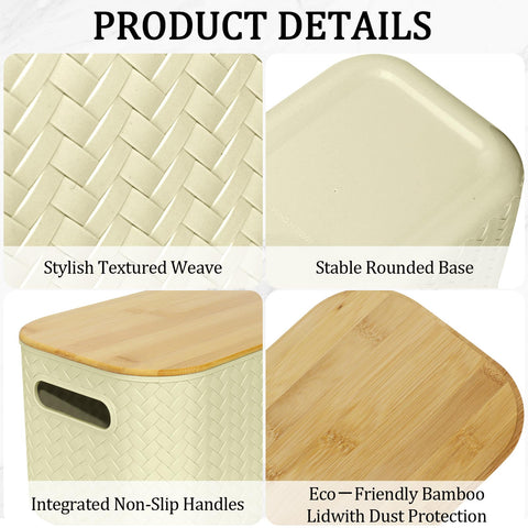 RWFMO 4 Pcs Plastic Beige Storage Baskets with Bamboo Lid for Bathroom